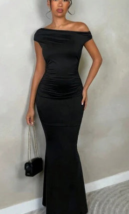Summer New Elegant Party Daily Date Oblique Shoulder One-Shoulder Off-Shoulder Front Pleated Slim Long Skirt Wavy Texture White Women's Dress