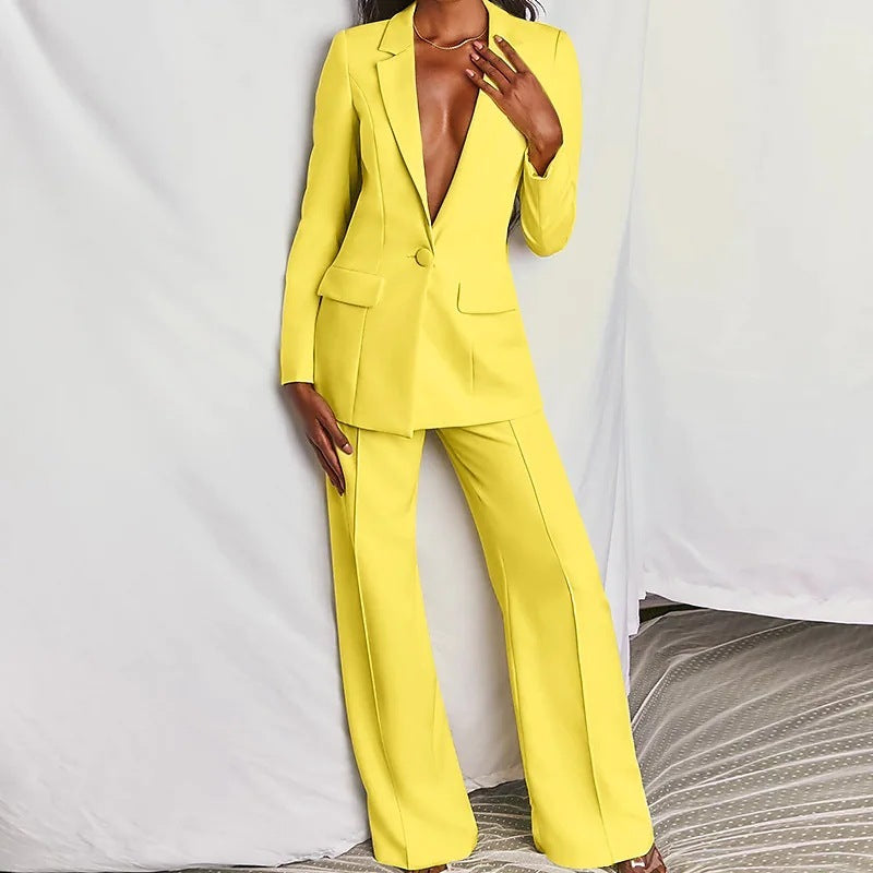 2 Piece Set Spring Elegant Solid Long Sleeve Blazer Suit And Pants For Women Autumn Classic OL Street Outfit