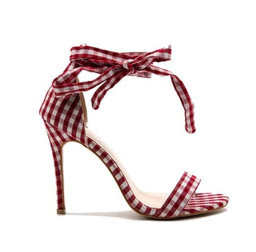 Europe and the United States plaid toe high-heeled ankle straps with large bow sandals