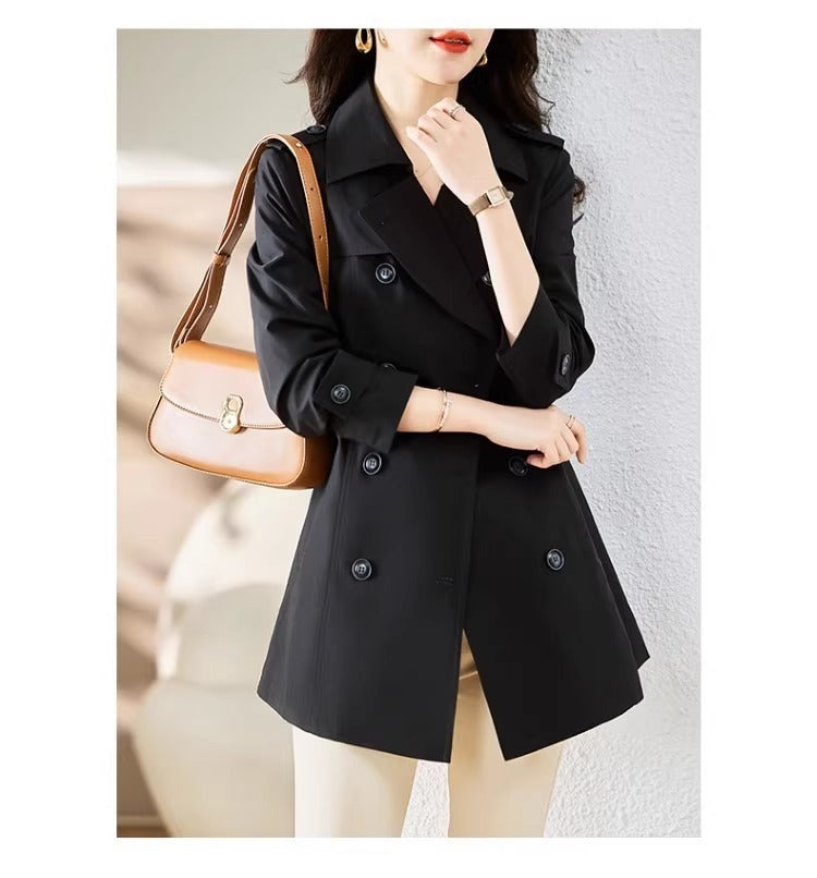 Women's Mid-length Trench Coat Double Breasted Fitted Waist Overcoat