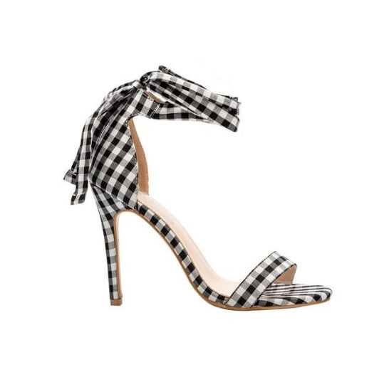 Europe and the United States plaid toe high-heeled ankle straps with large bow sandals