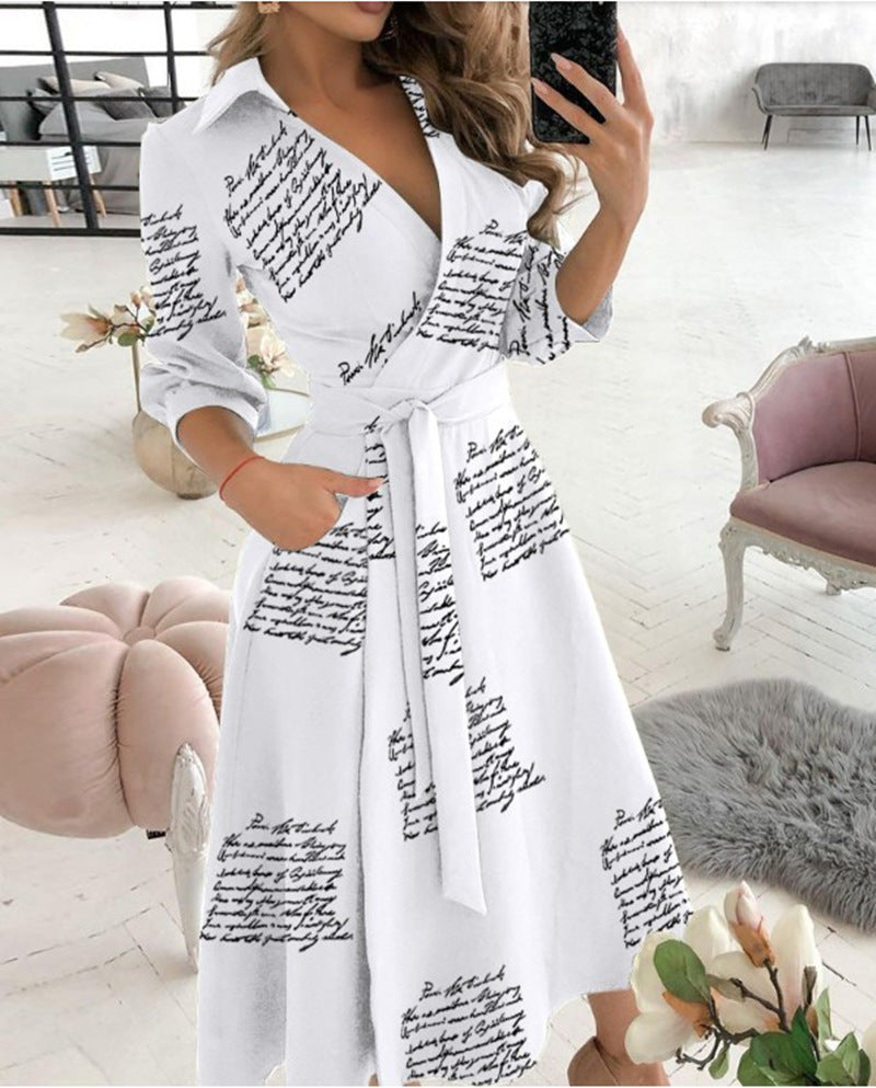 Sexy Fashion Long-sleeved Deep V-neck Print Bag Hip Irregular Party Dress Women