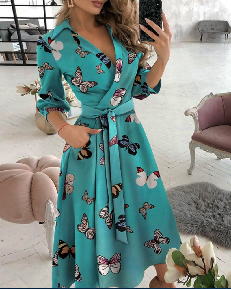 Sexy Fashion Long-sleeved Deep V-neck Print Bag Hip Irregular Party Dress Women