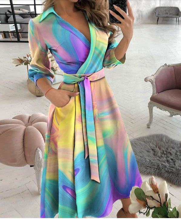Sexy Fashion Long-sleeved Deep V-neck Print Bag Hip Irregular Party Dress Women