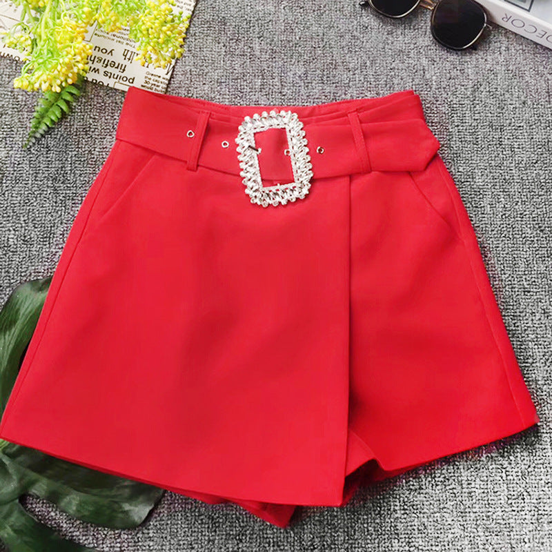 Modern Women's New Summer Rhinestone Buckle Belt Thin Fashion Design Culottes Shorts Skirt