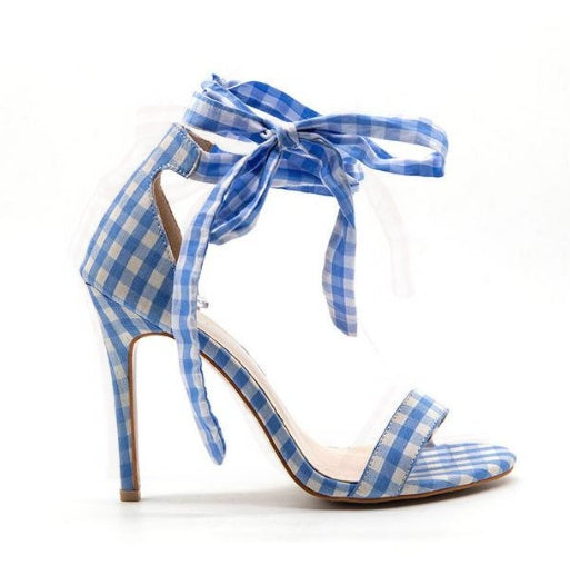 Europe and the United States plaid toe high-heeled ankle straps with large bow sandals