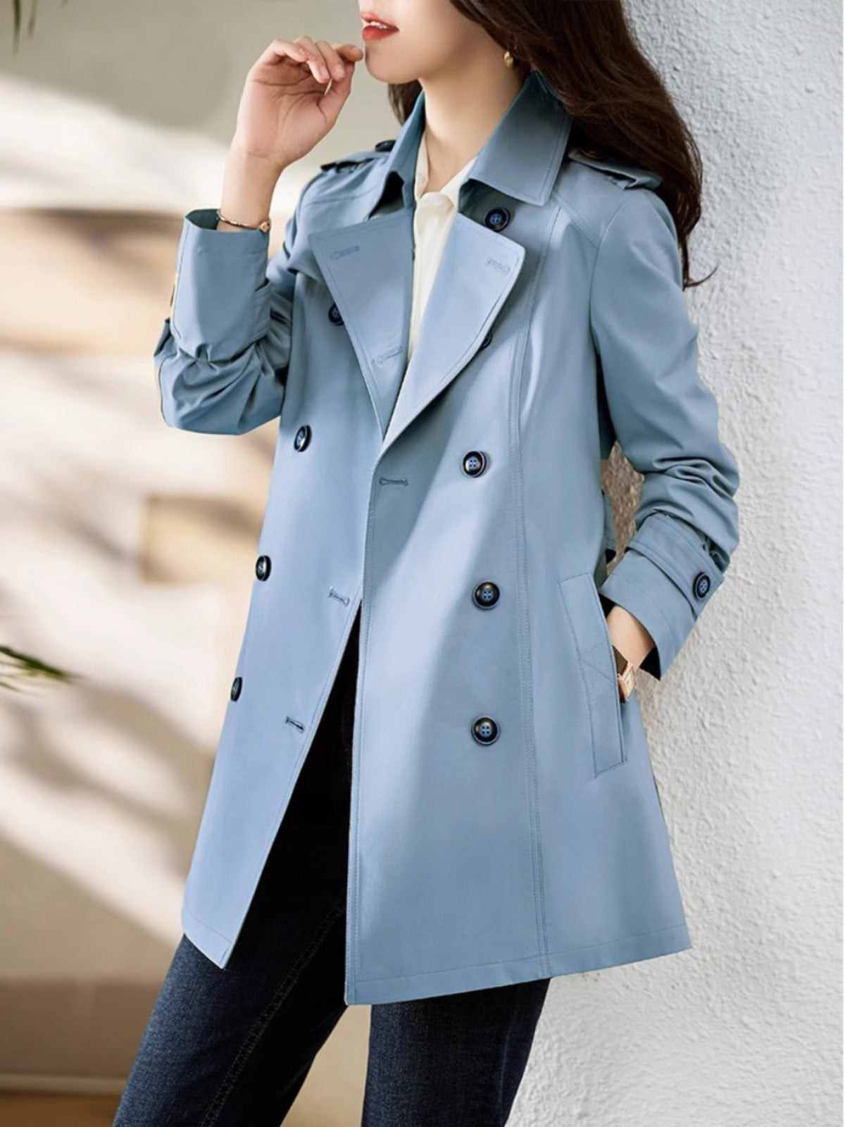 Women's Mid-length Trench Coat Double Breasted Fitted Waist Overcoat