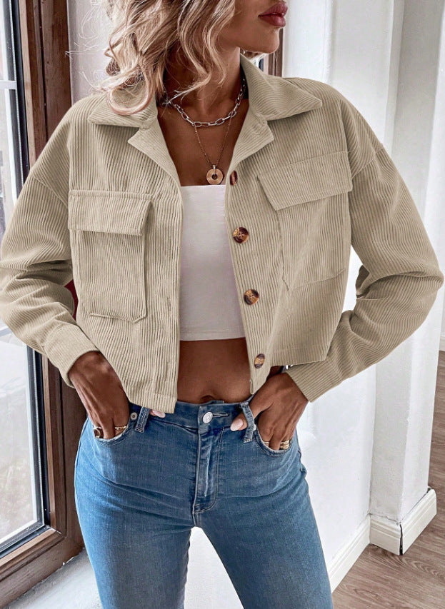 Women's Fashion Short Corduroy Button Jacket Casual Short Coat