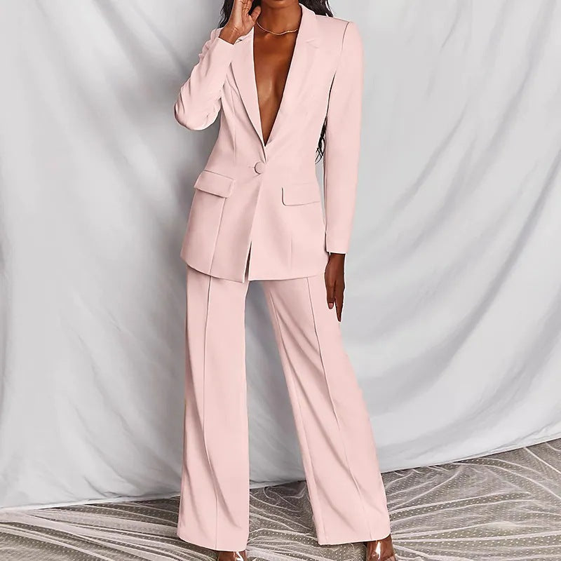 2 Piece Set Spring Elegant Solid Long Sleeve Blazer Suit And Pants For Women Autumn Classic OL Street Outfit