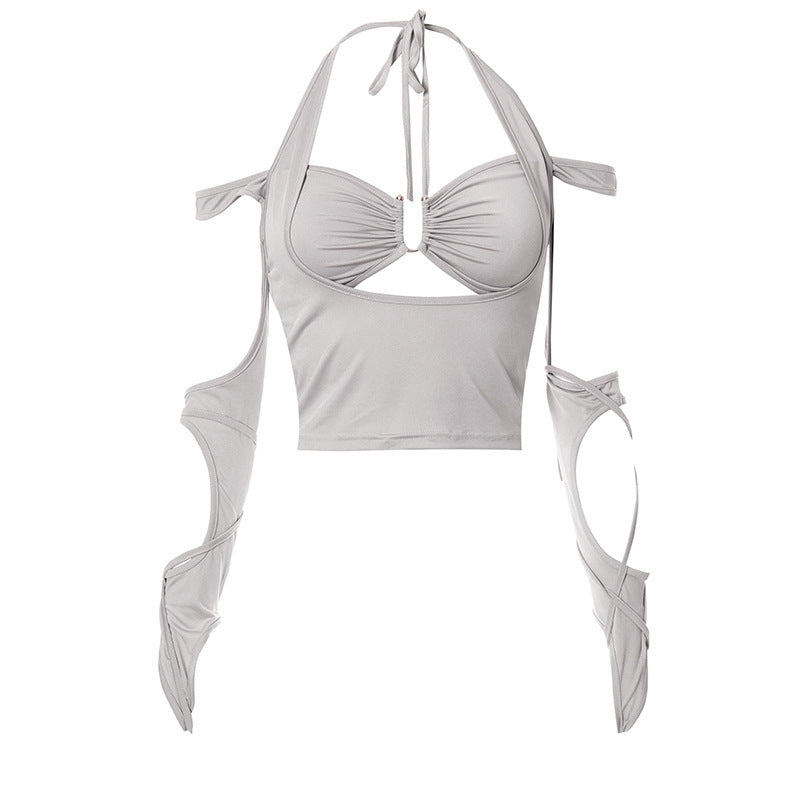 Panelled Tie Halter Neck Smocked Long Sleeves