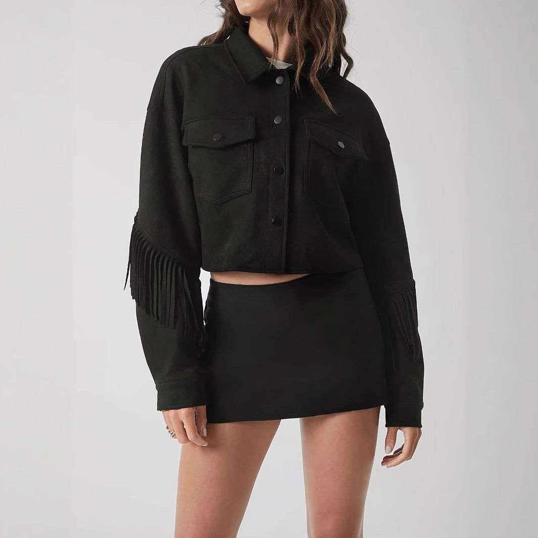 Women's Solid Color Casual Fringe Decoration Long Sleeved Jacket