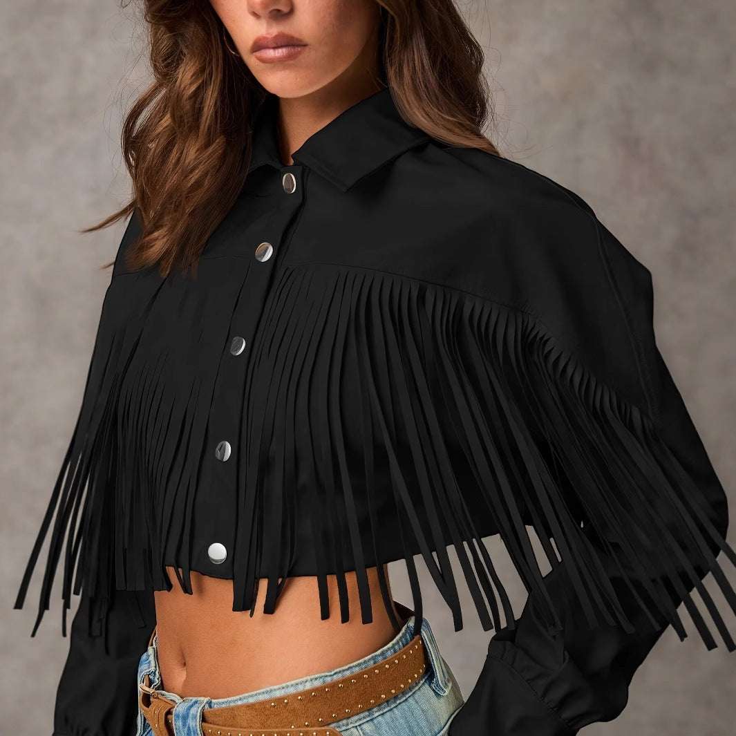Women's Solid Color Tassel Trimmed Front Buckle Elegant Long Sleeved Jacket
