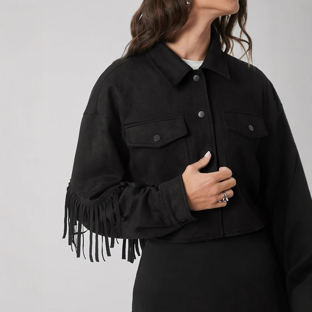 Women's Solid Color Casual Fringe Decoration Long Sleeved Jacket