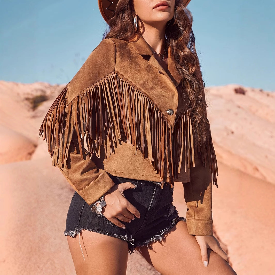 Women's Leisure Vacation Western Style Suede Fringe Jacket