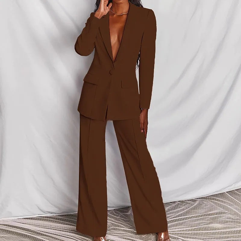 2 Piece Set Spring Elegant Solid Long Sleeve Blazer Suit And Pants For Women Autumn Classic OL Street Outfit
