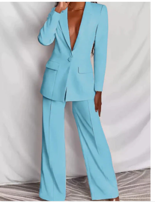 2 Piece Set Spring Elegant Solid Long Sleeve Blazer Suit And Pants For Women Autumn Classic OL Street Outfit