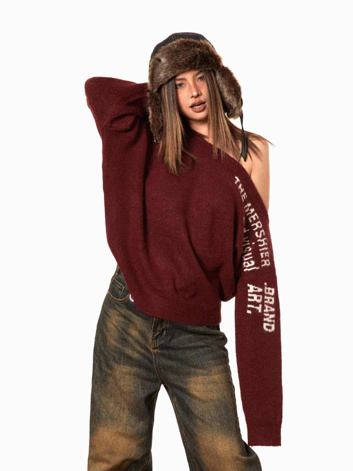 Off-the-shoulder Letter Sweater Retro Oblique Shoulder Collar Top