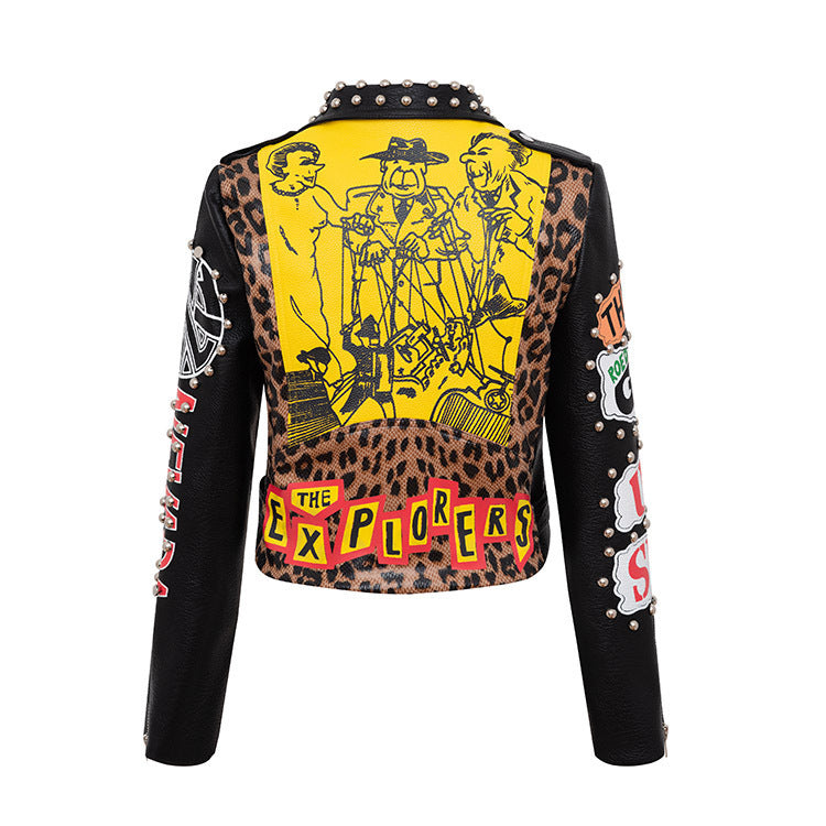 Chain Leather Jacket Printed Half Collar Stud Cropped Top Slim