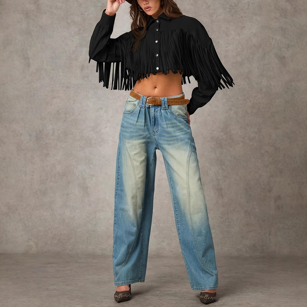 Women's Solid Color Tassel Trimmed Front Buckle Elegant Long Sleeved Jacket