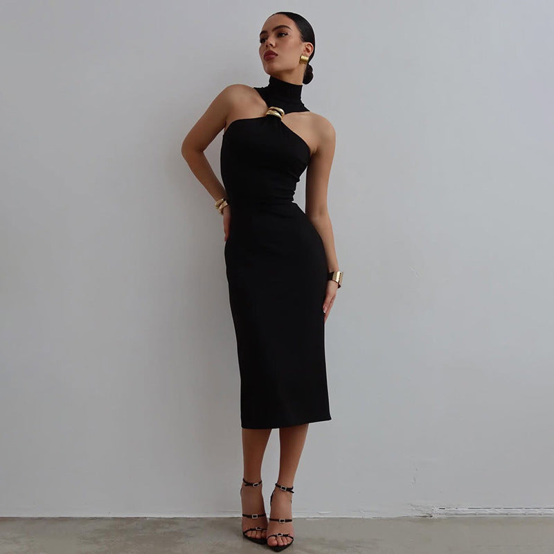 Summer New Women's Sexy Hot Girl Turtleneck Solid Color Dress