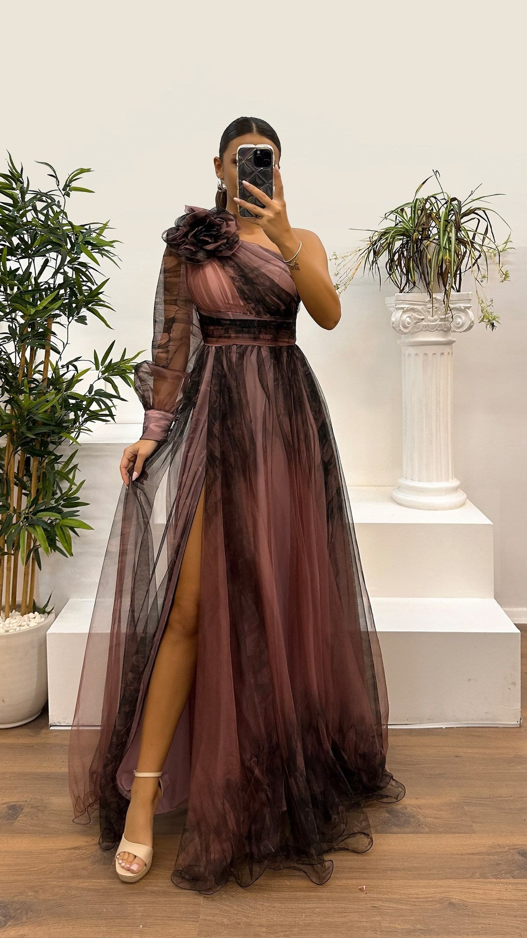 Casual Loose Slant Shoulder Mesh Floral Print Dress