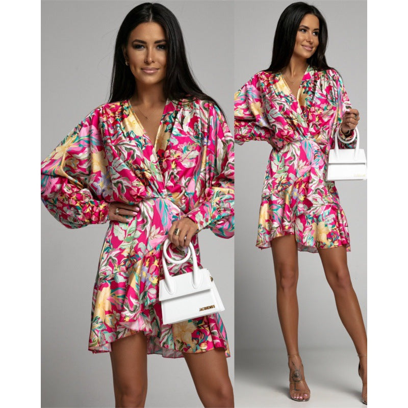 European And American Long Sleeve V-neck Flower Dress