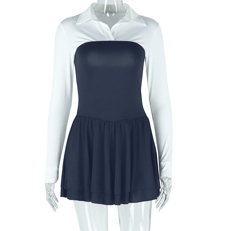 Stitching Contrast Color Cardigan Shirt Lapel Fake Two Pieces Dress