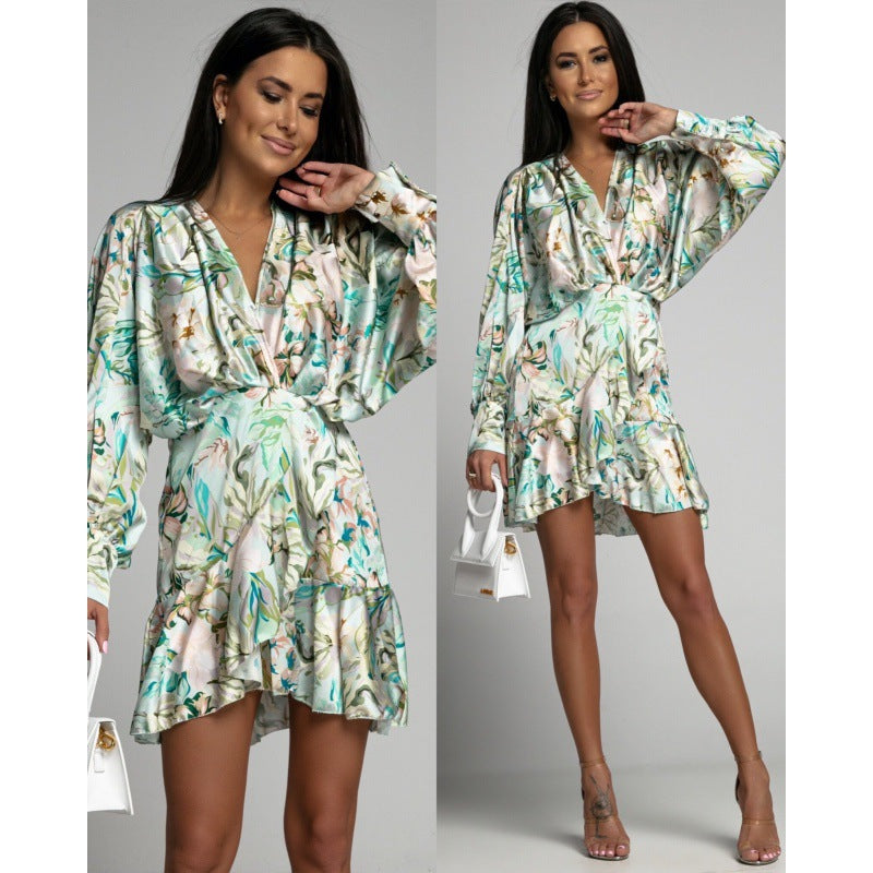 European And American Long Sleeve V-neck Flower Dress