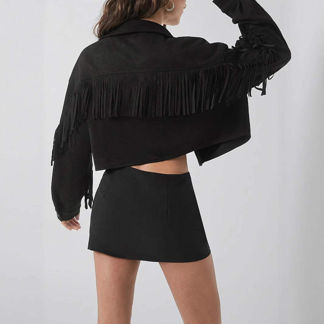Women's Solid Color Casual Fringe Decoration Long Sleeved Jacket