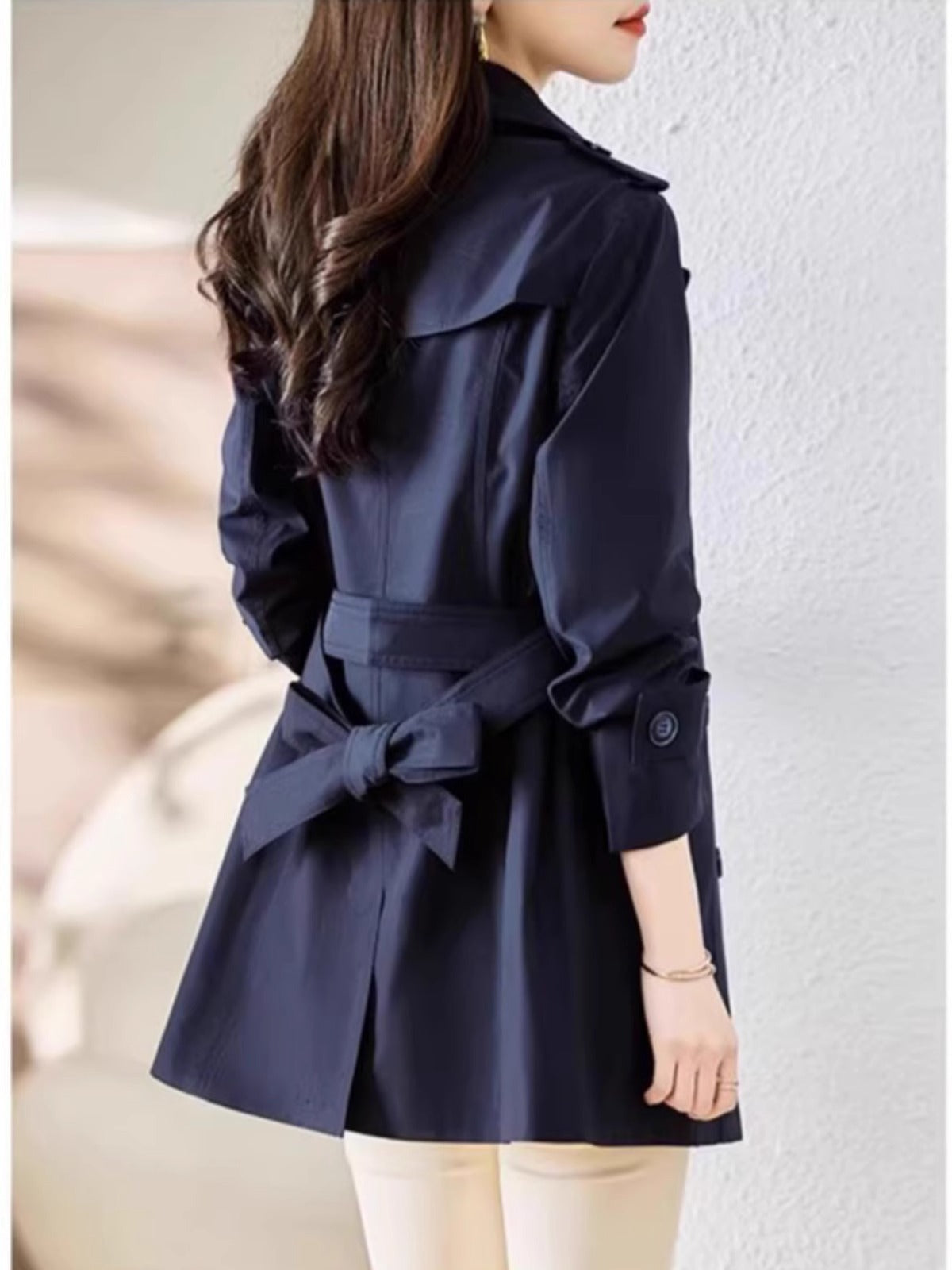 Women's Mid-length Trench Coat Double Breasted Fitted Waist Overcoat