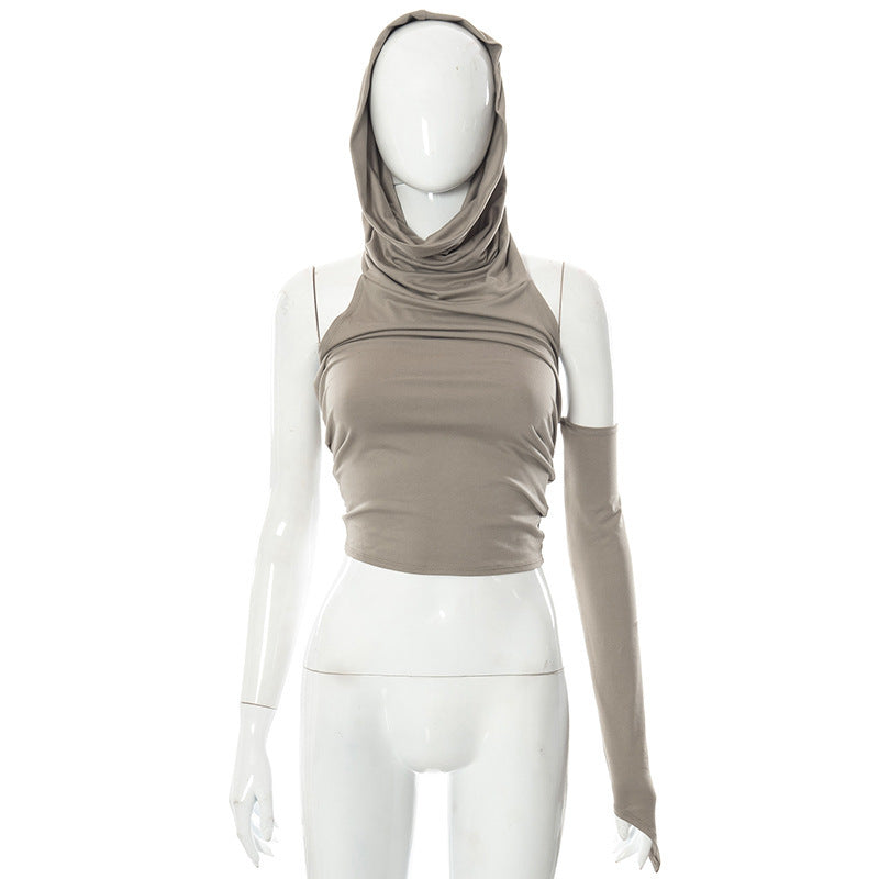 Solid Color Casual One Sleeve Hooded Slim Top