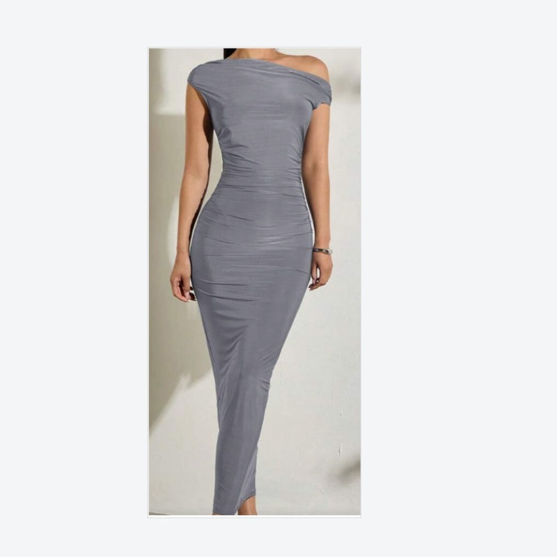 Summer New Elegant Party Daily Date Oblique Shoulder One-Shoulder Off-Shoulder Front Pleated Slim Long Skirt Wavy Texture White Women's Dress