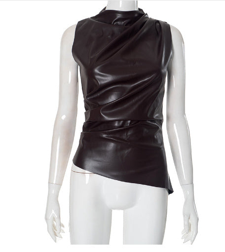 Women's Leather Cascading Collar Waist Slant Short Sleeve