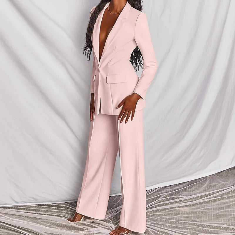 2 Piece Set Spring Elegant Solid Long Sleeve Blazer Suit And Pants For Women Autumn Classic OL Street Outfit