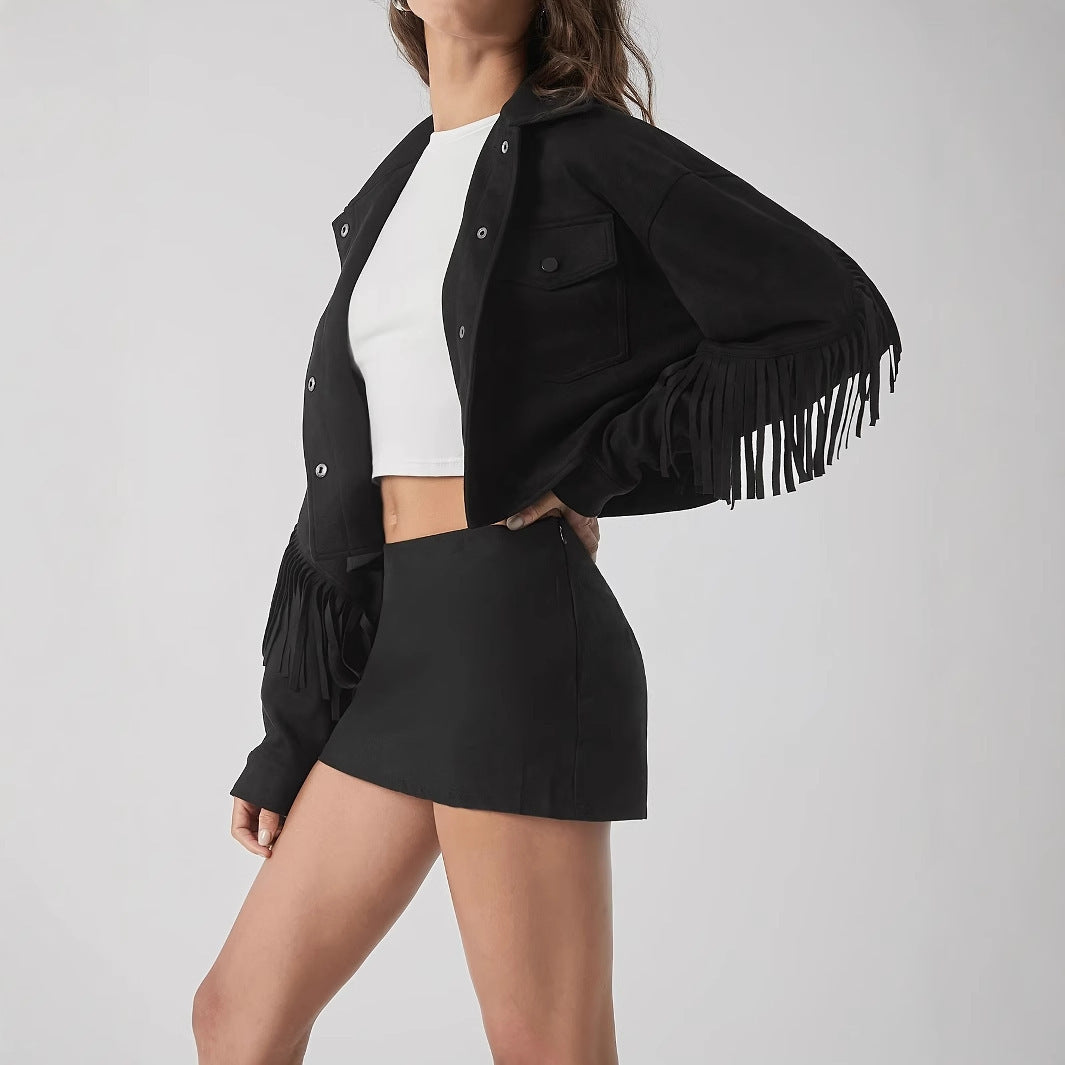 Women's Solid Color Casual Fringe Decoration Long Sleeved Jacket