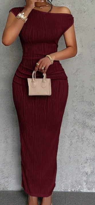 Summer New Elegant Party Daily Date Oblique Shoulder One-Shoulder Off-Shoulder Front Pleated Slim Long Skirt Wavy Texture White Women's Dress