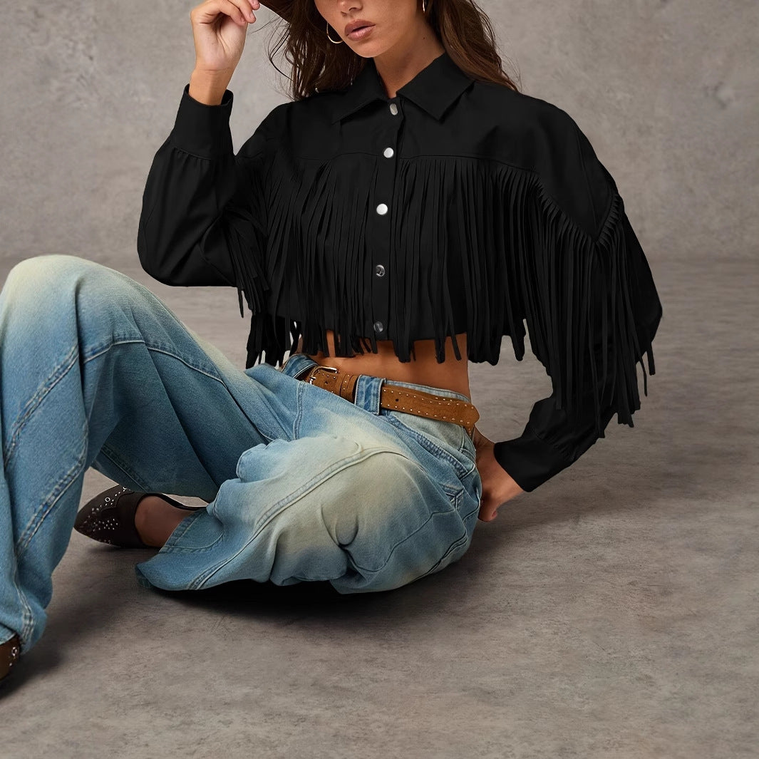 Women's Solid Color Tassel Trimmed Front Buckle Elegant Long Sleeved Jacket