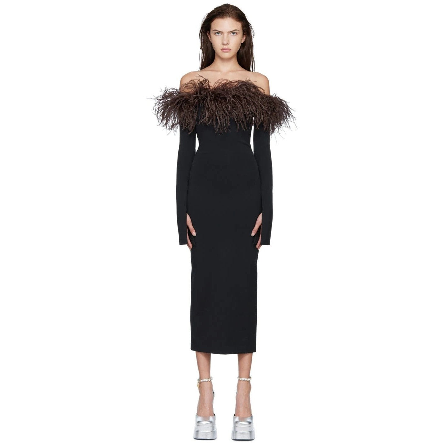 Ostrich Feather Women's Spring Black Long Cuff Off Shoulder Long Belt Dress