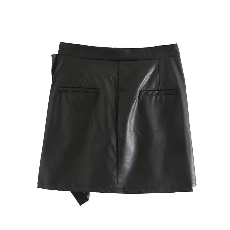 Women's Ruffle Trim Artificial Hip Leather Skirt