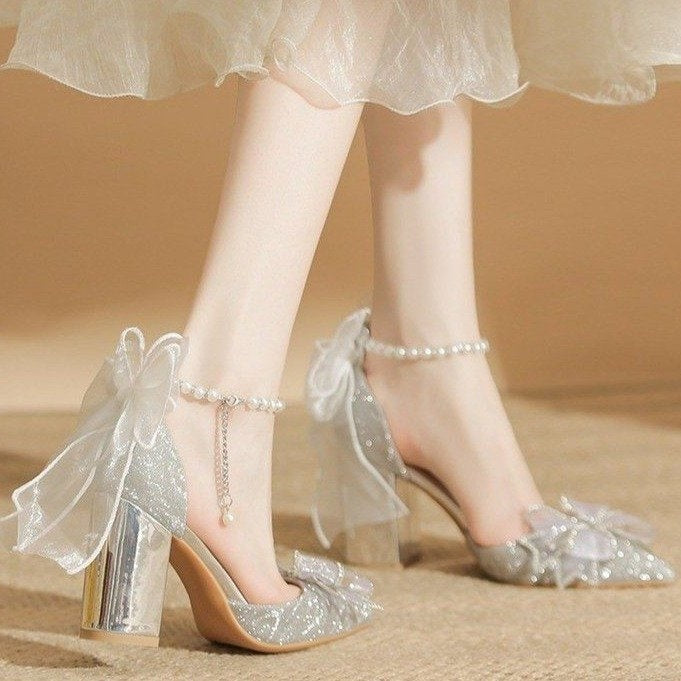 Bow Beaded Pointed Low-cut High Heels