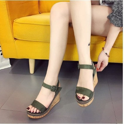 Women's Korean Style Wedge Sandals With Buckle And Suede Heel, Solid Color Toe Platform Platform Peep Toe Shoes Women's Shoes