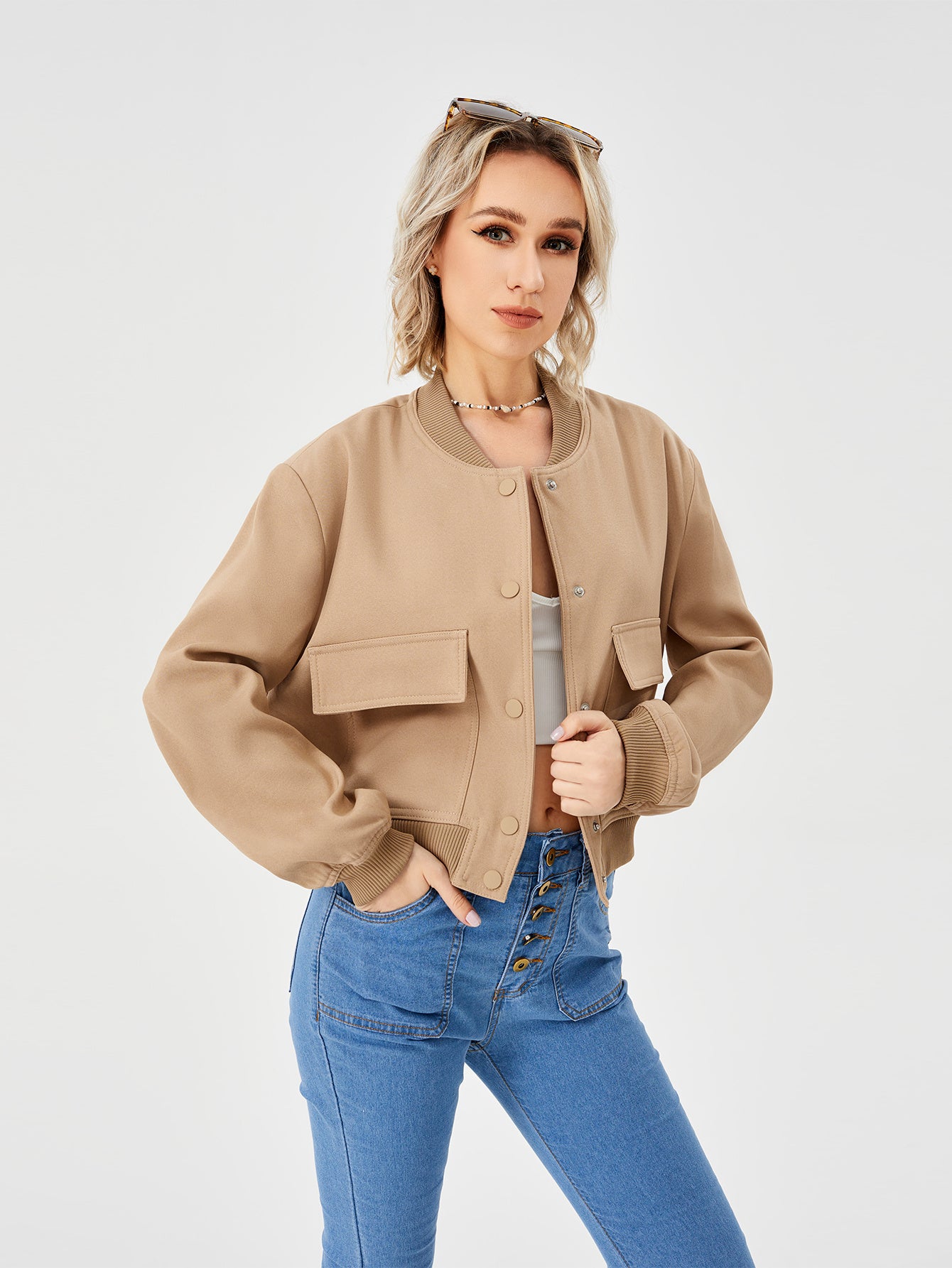 Women's Lightweight Cropped Bomber Jacket Casual Long Sleeve Varsity Jacket With Pocket Fashion Y2k Jacket Streetwear