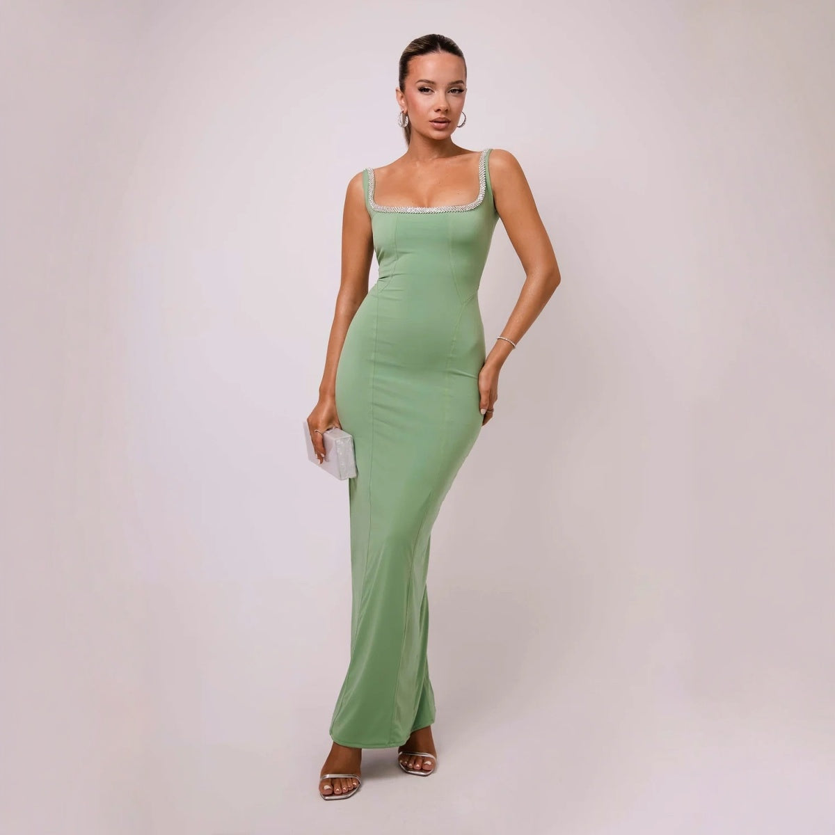 Sexy Sleeveless U-neck Rhinestone Slim-fit Solid Color Temperament Dress