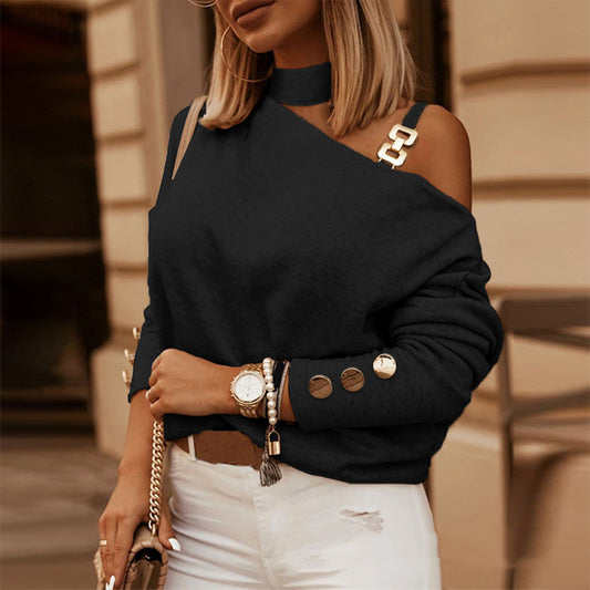 Diagonal Shoulder Chain Embellishment Long Sleeve Top