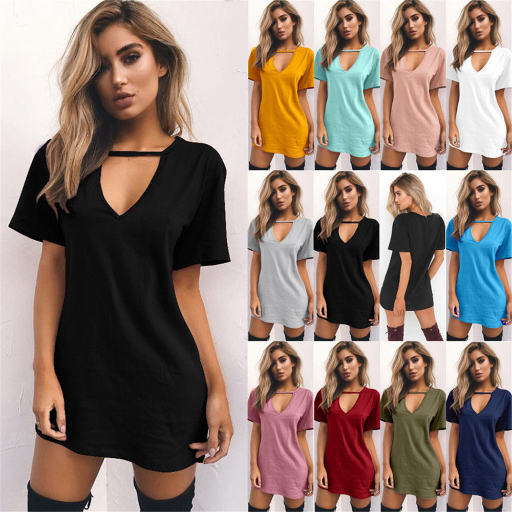 Wish AliExpress ebay summer hot sale explosions Europe and America sexy deep V short-sleeved T-shirt loose casual dress