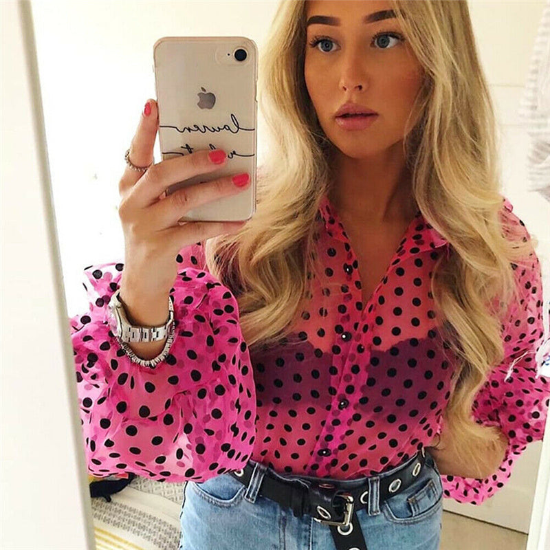 Lantern long sleeve polka dot shirt perspective sexy top