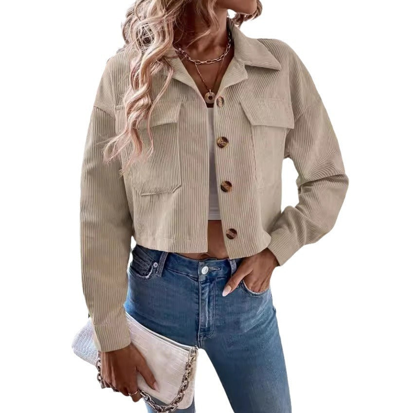 Women's Fashion Short Corduroy Button Jacket Casual Short Coat