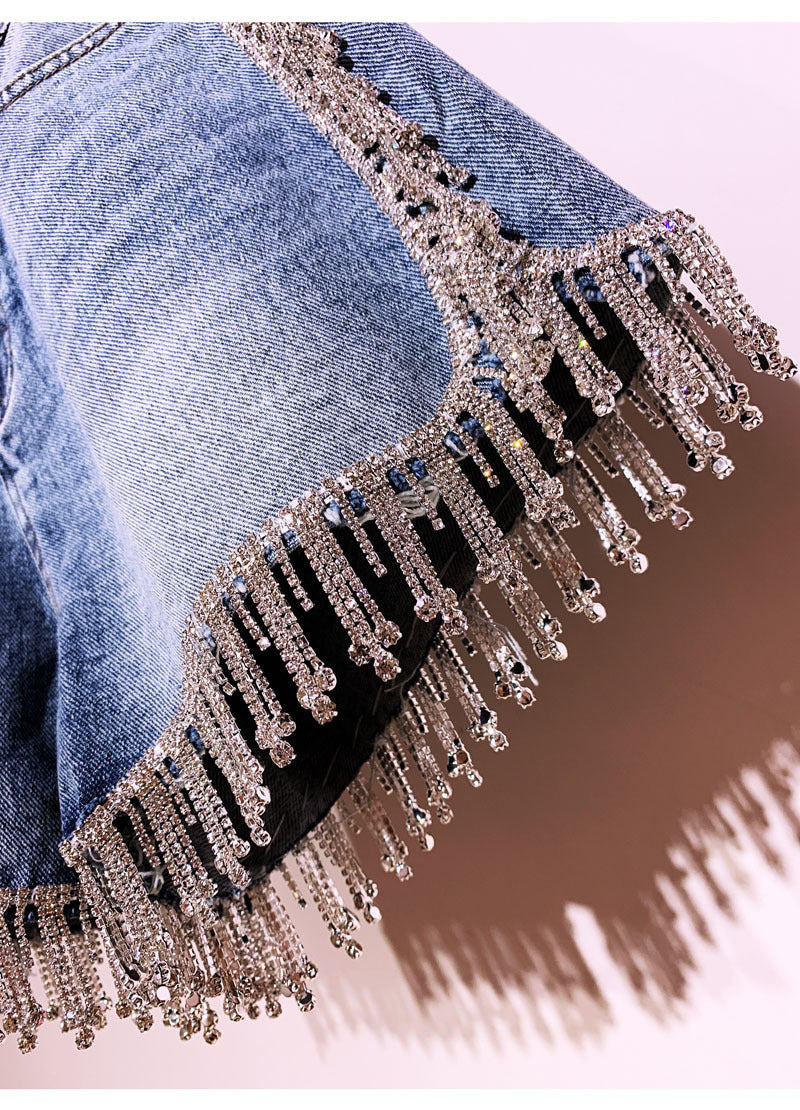 Rhinestone tassel high waist denim