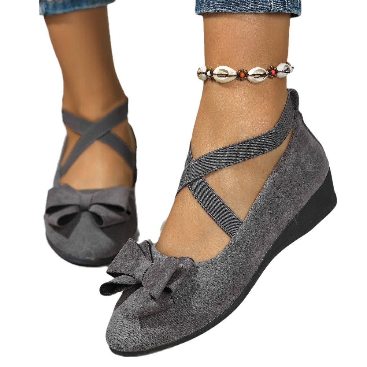 Suede Bow Cross Elastic Band Wedge Oversized Shoes