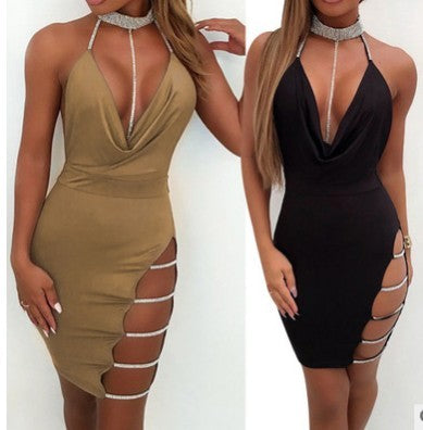 Bandage Bodycon Chocker Deep V Neck Sleeveless Dress